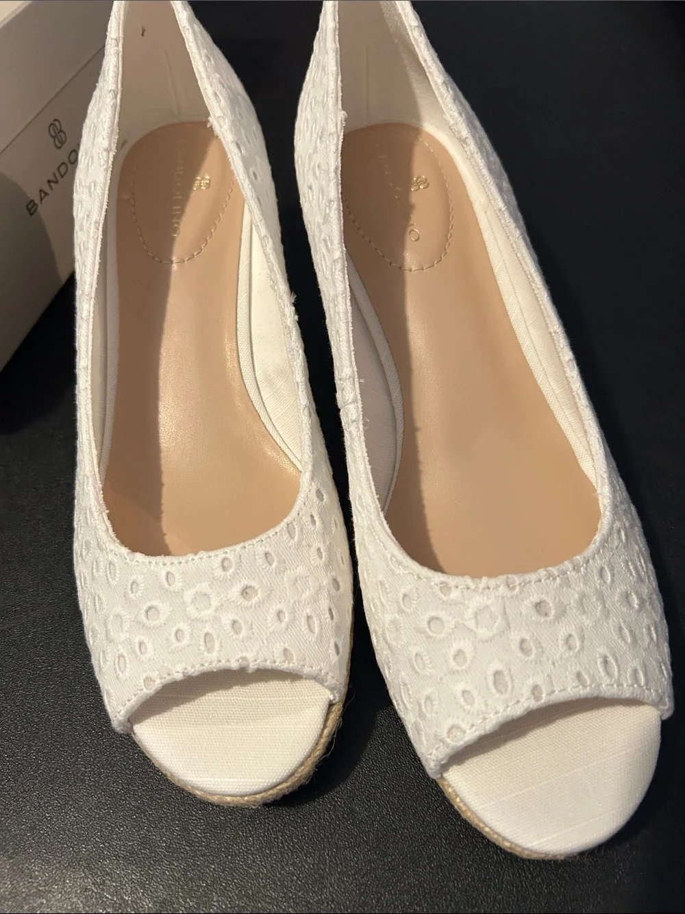 Bandolino White Eyelet Peep-Toe Espadrille Wedges